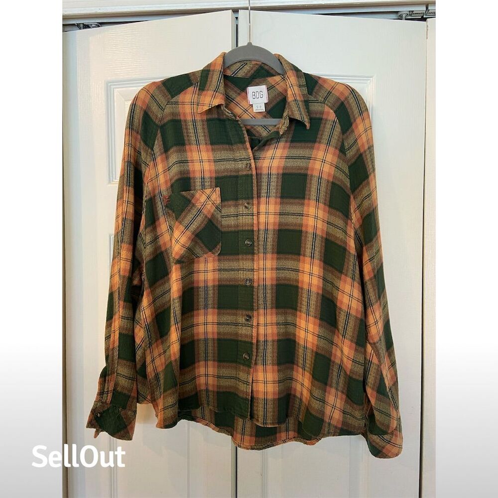 BDG Womens Plaid Flannel Button-Down Shirt Green Size S Long Sleeve